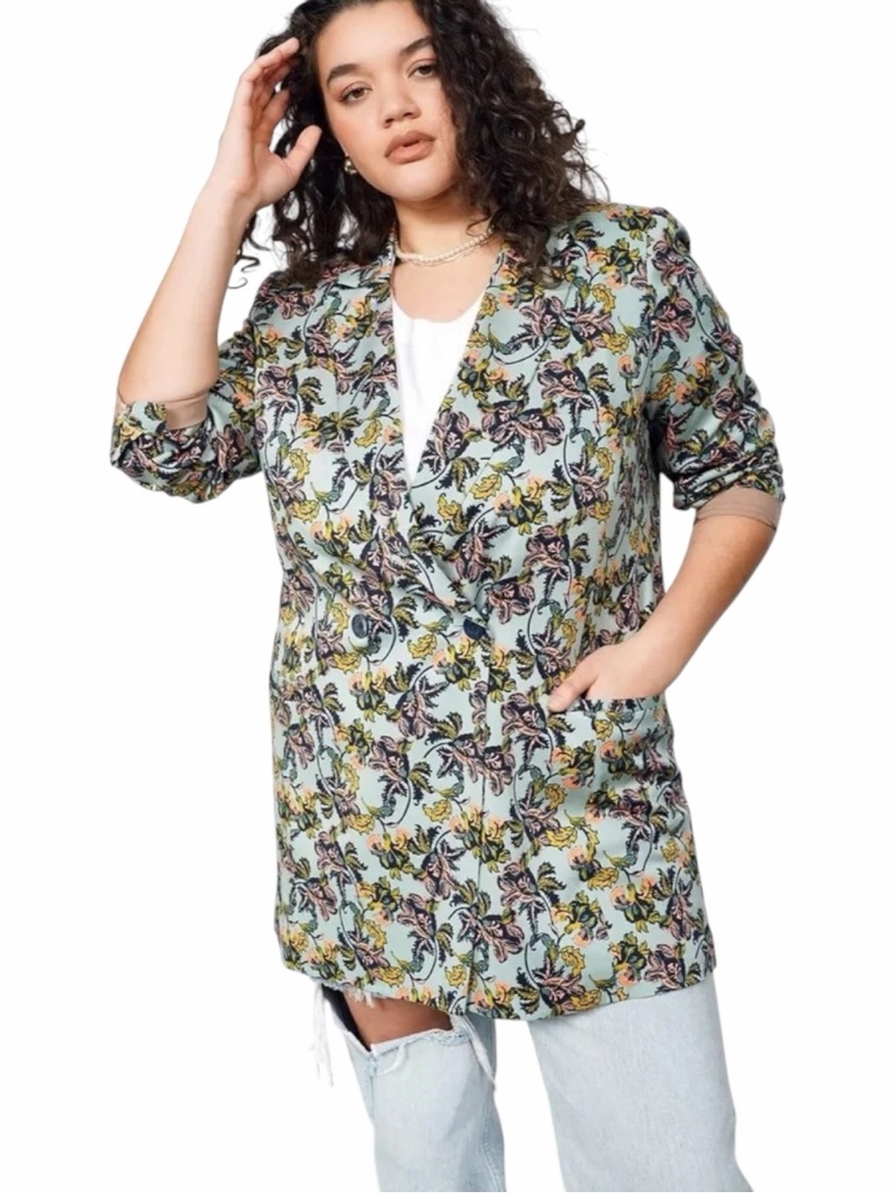 Wildfang The Empower Double Breasted Light Blue Floral Print Blazer 3X